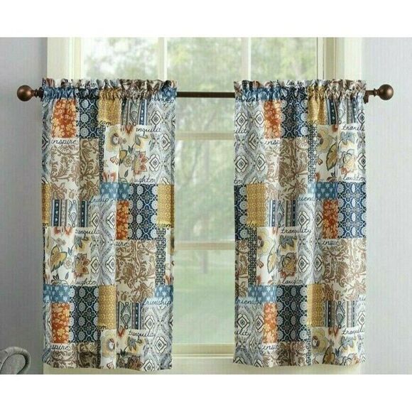 Amelia Patchwork Kitchen Curtain Valance Microfiber Navy Blue Tan Red Spice NEW - Picture 4 of 4